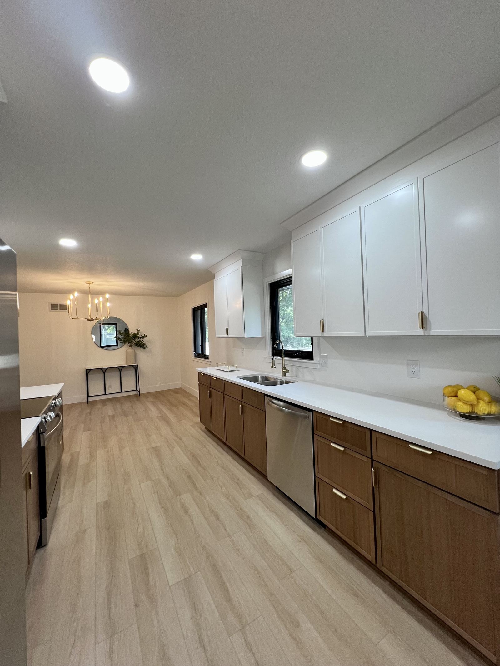 Slim Shaker two-tone kitchen, full galley view