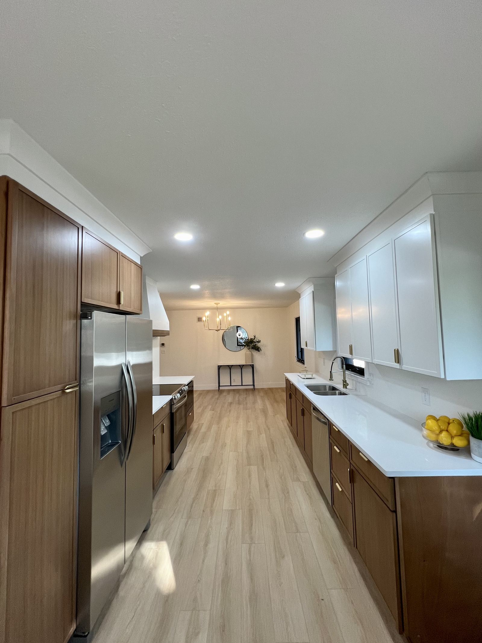 Slim Shaker two-tone kitchen, opposite galley view